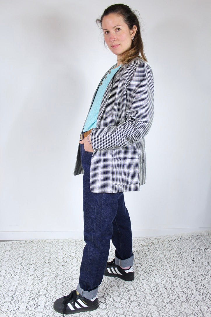Veste vintage Zapa motifs pieds de poules bleu marine blanc France la friperie vintage 25