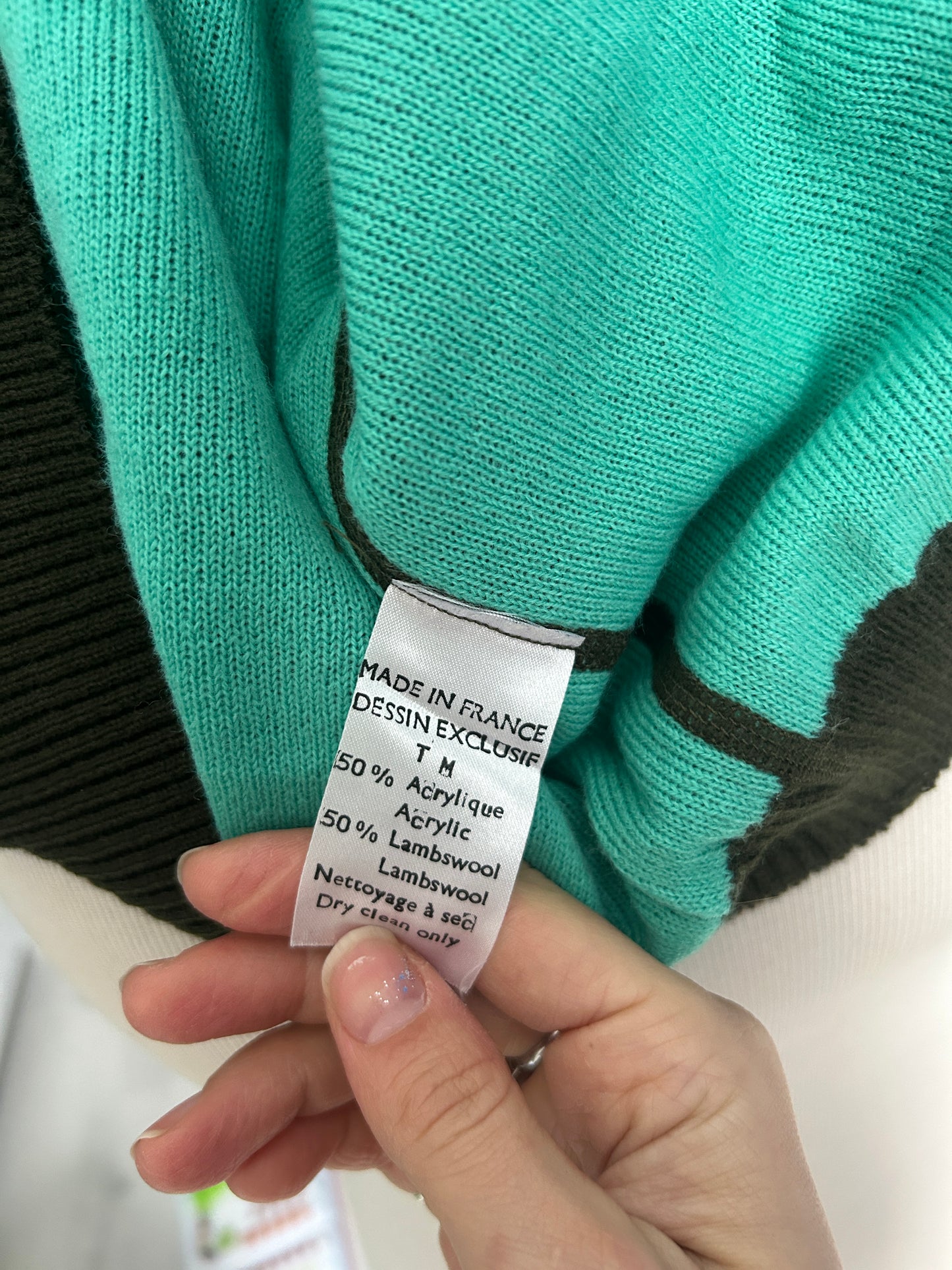 Pull vintage col montant motif frise turquoise – Fabriqué en France – L/XL