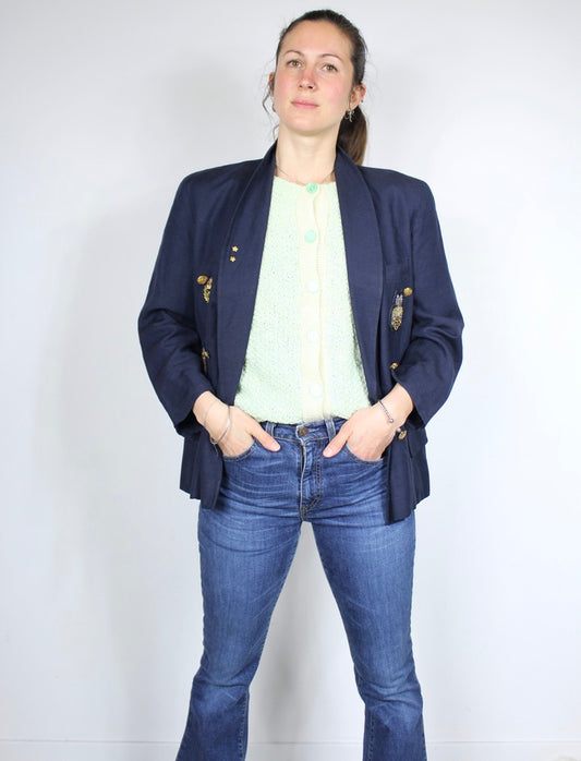 Veste vintage bleu marine à écusson mi saison lin