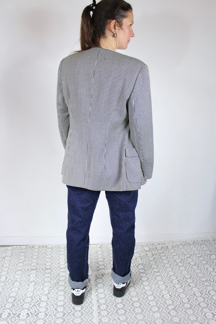 Veste vintage Zapa motifs pieds de poules bleu marine blanc France la friperie vintage 25