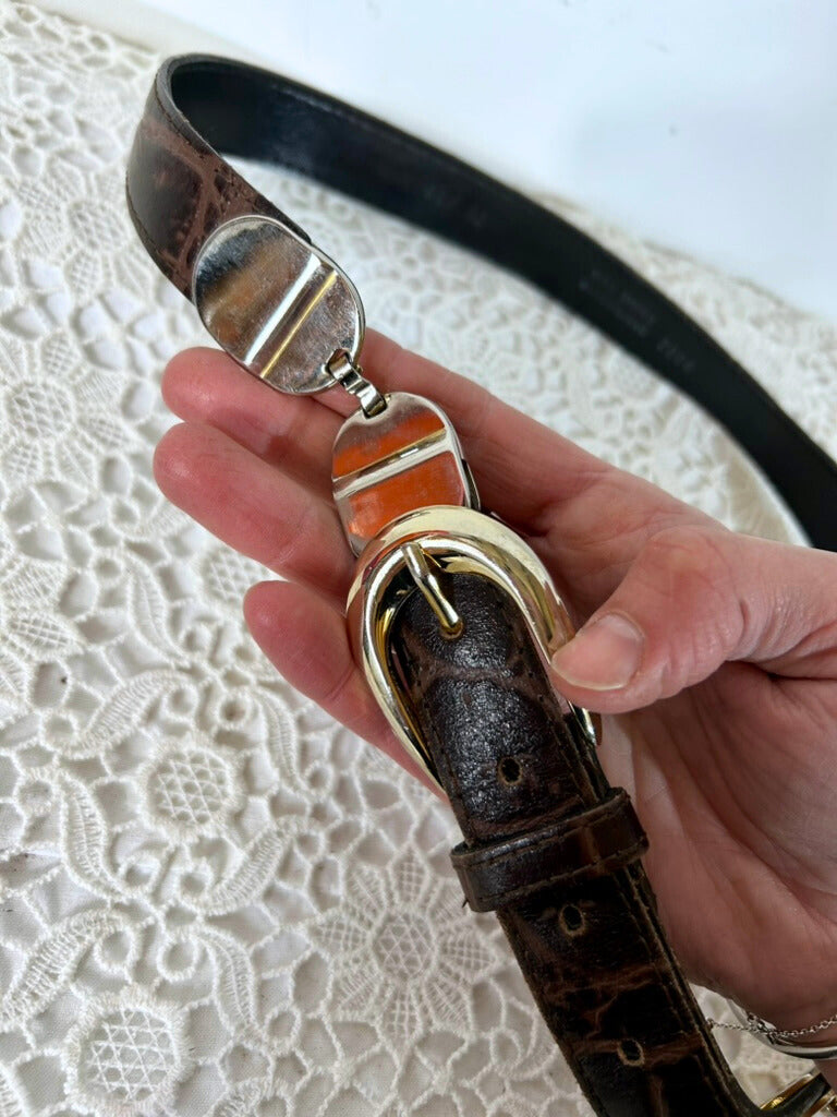 Ceinture vintage cuir marron à chaine métal doré la friperie vintage 25