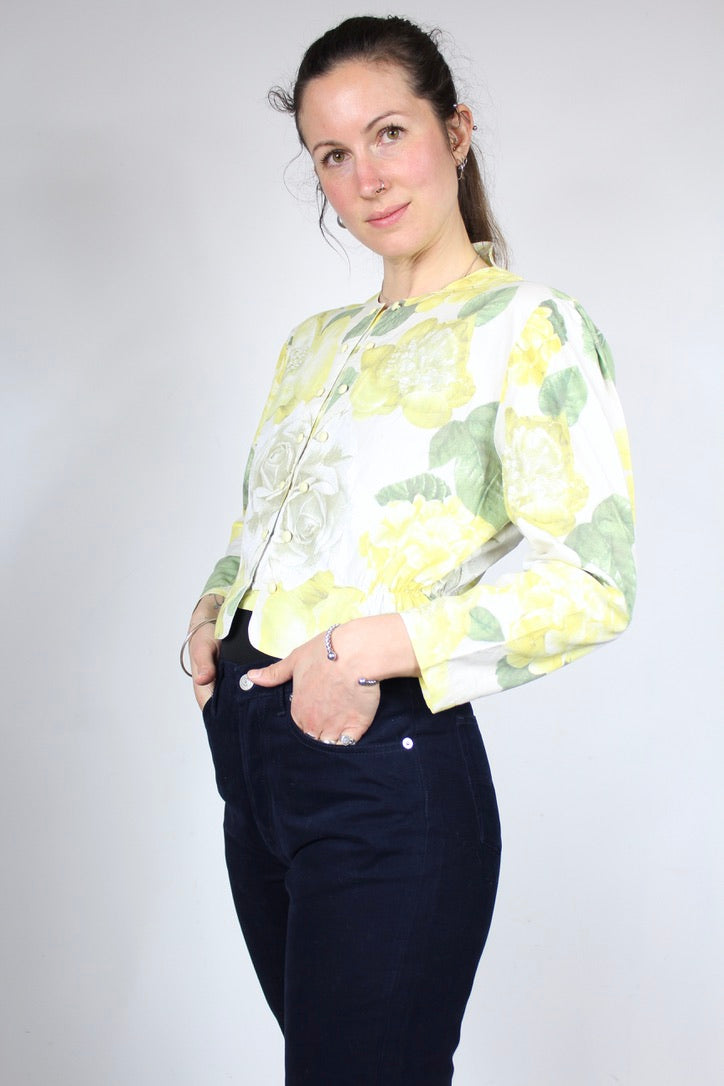 Chemisier vintage Benetton coton motifs fleuris jaune vert la friperie vintage 25