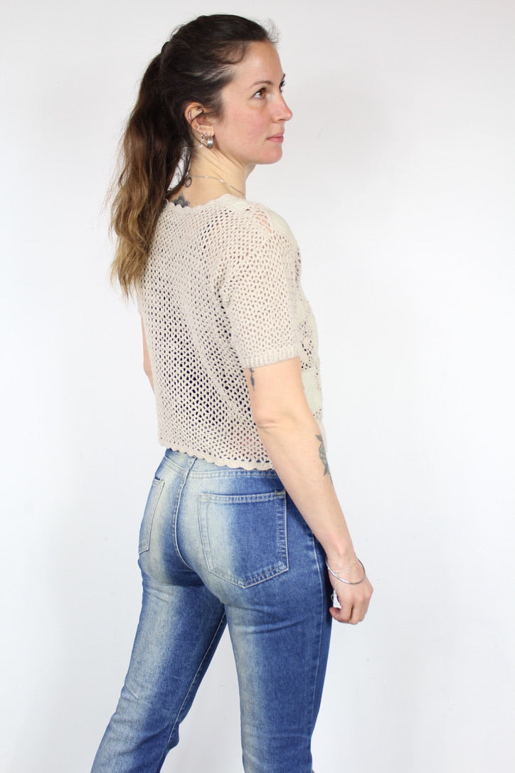 T-shirt vintage écru crochet manches courtes années 70 la friperie vintage 25