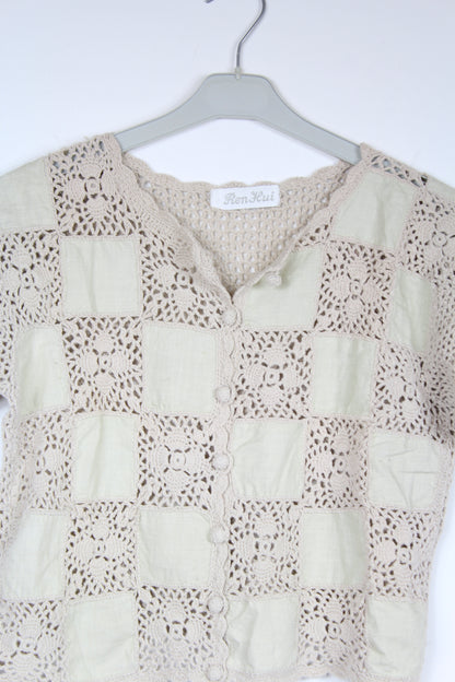 T-shirt vintage écru crochet manches courtes années 70