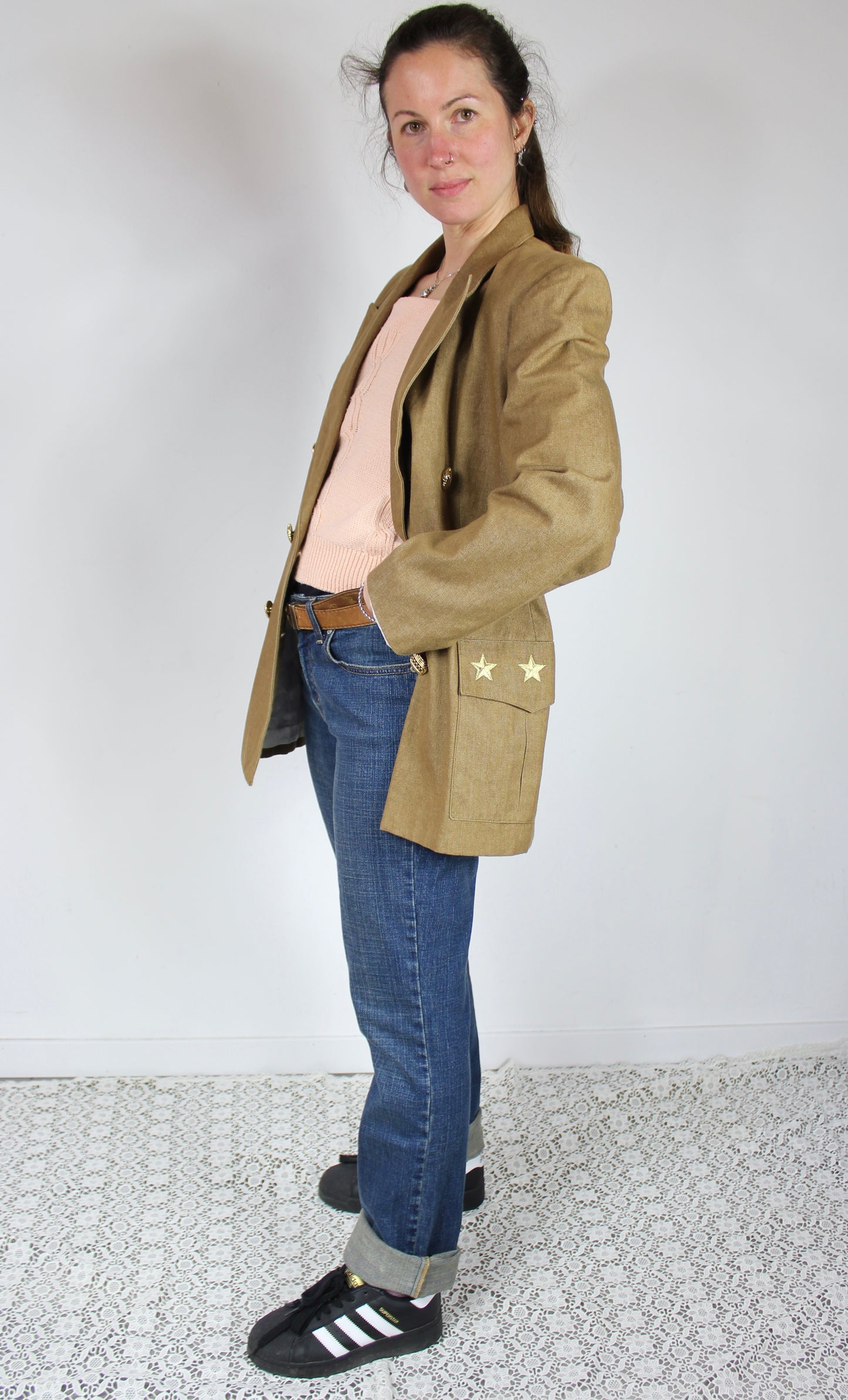 Veste vintage beige foncé coton France étoiles brodées