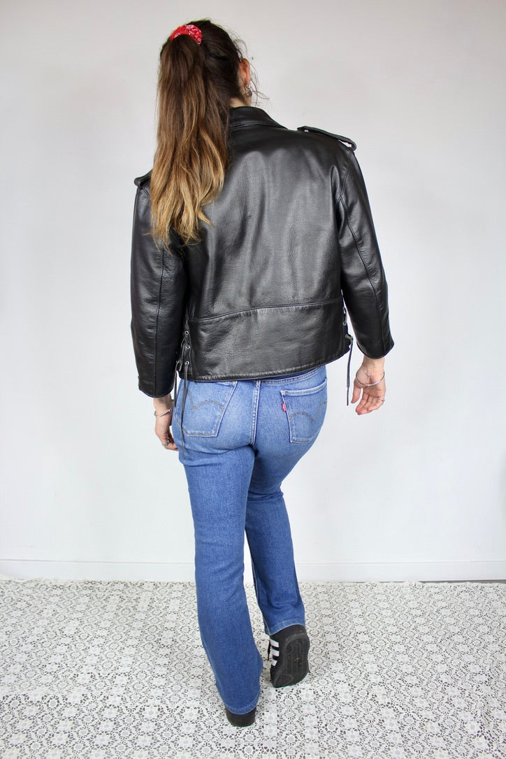 Perfecto veste cuir noir biker manches 3/4 vintage