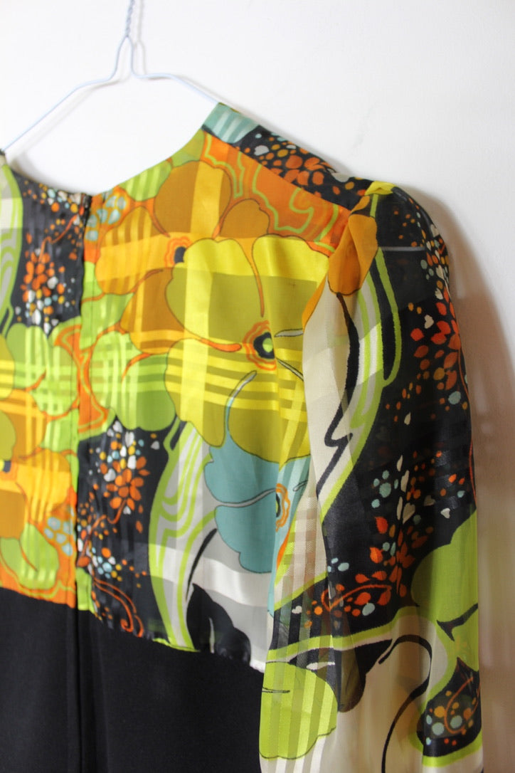 Robe vintage années 70 manches bouffantes transparentes orange motifs la friperie vintage 25