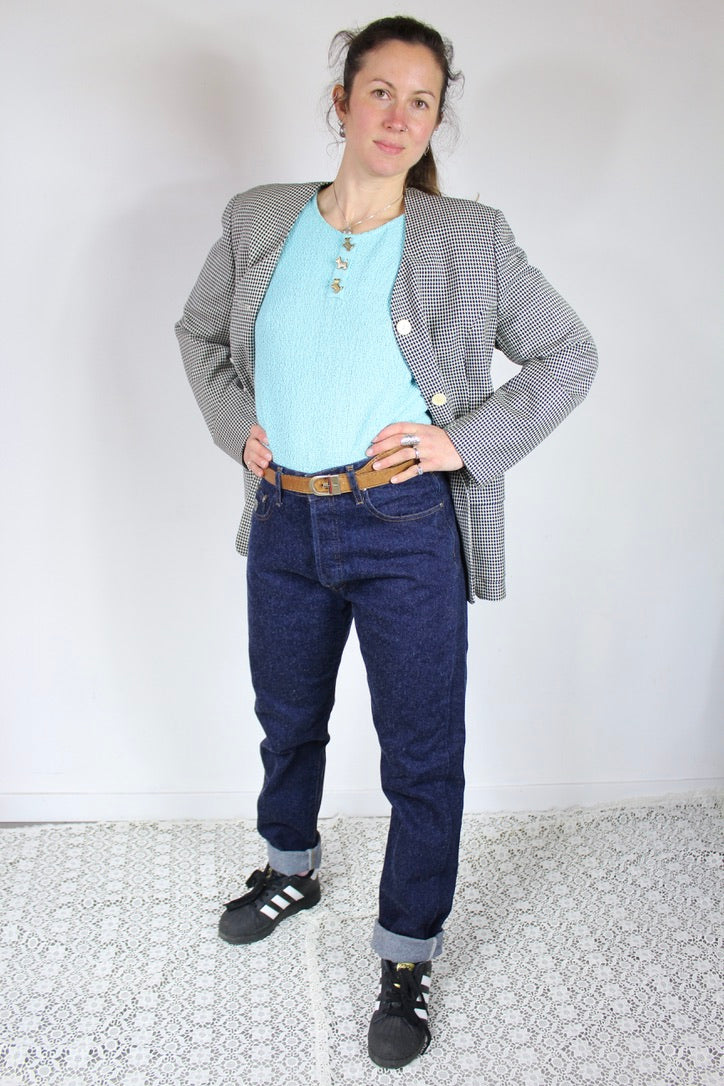 Veste vintage Zapa motifs pieds de poules bleu marine blanc France la friperie vintage 25