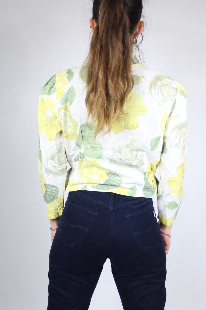 Chemisier vintage Benetton coton motifs fleuris jaune vert la friperie vintage 25