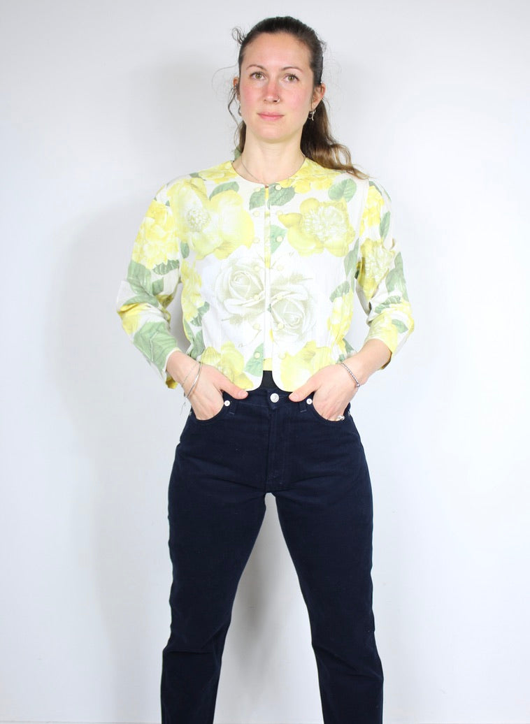 Chemisier vintage Benetton coton motifs fleuris jaune vert la friperie vintage 25