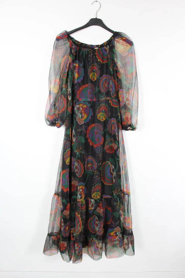 Robe vintage bohème années 80 noire à motifs foulards - la friperie vintage 25