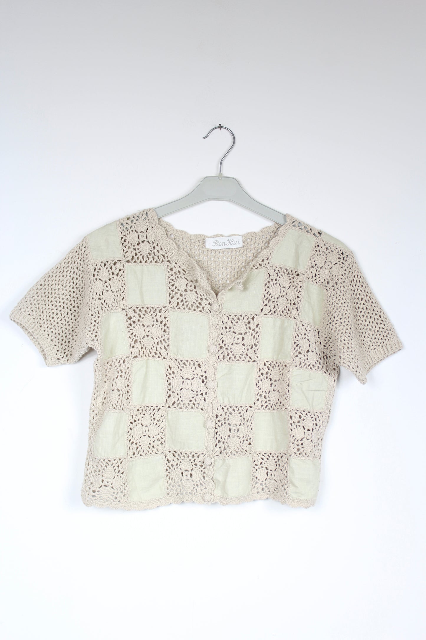 T-shirt vintage écru crochet manches courtes années 70