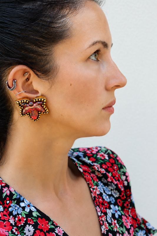 Clips vintage TMB fleur rouge marbrée
