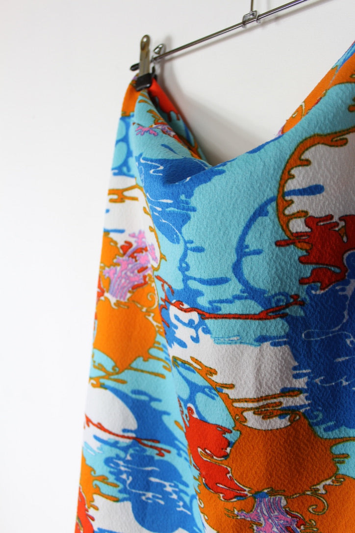 Robe vintage dos nu bleu turquoise motifs orange abstraits années 70 la friperie vintage 25