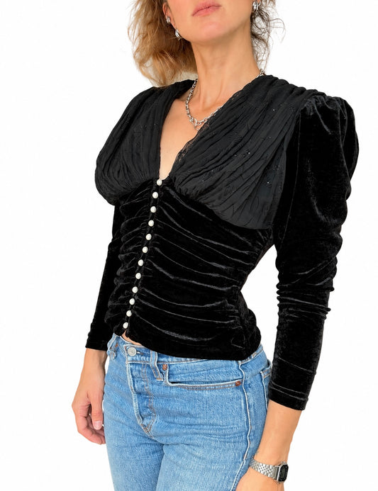 Haut noir vintage velours froncé