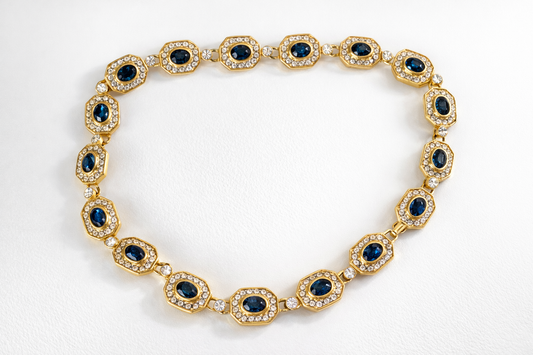 Collier vintage signé doré pierres bleu saphir