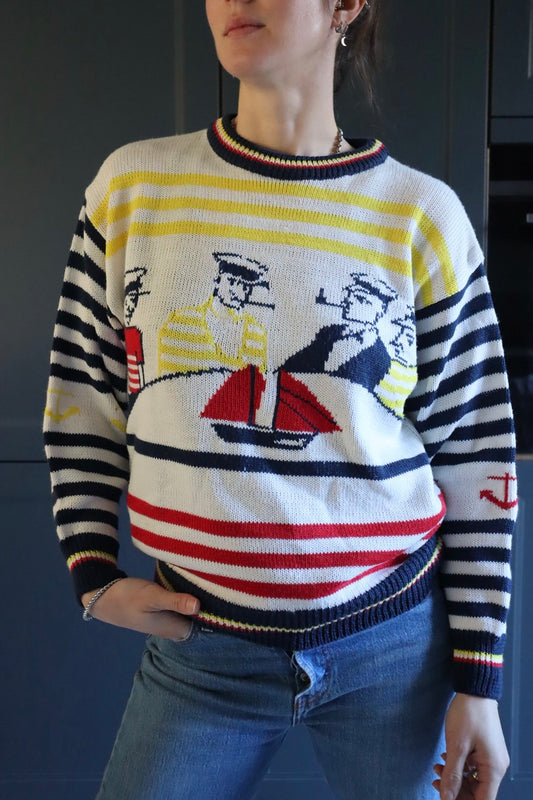 Pull over vintage blanc motifs matelots la friperie vintage 25