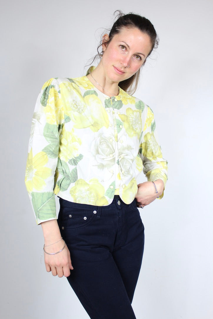 Chemisier vintage Benetton coton motifs fleuris jaune vert la friperie vintage 25