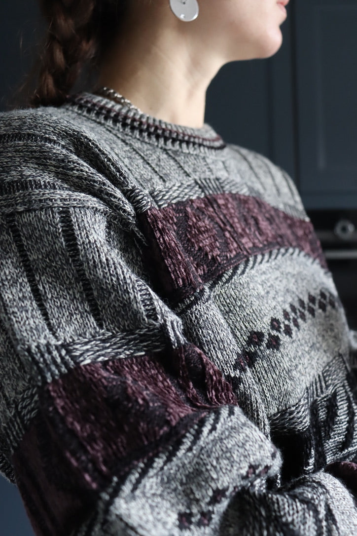 Pull over vintage oversize gris à motifs la friperie vintage 25