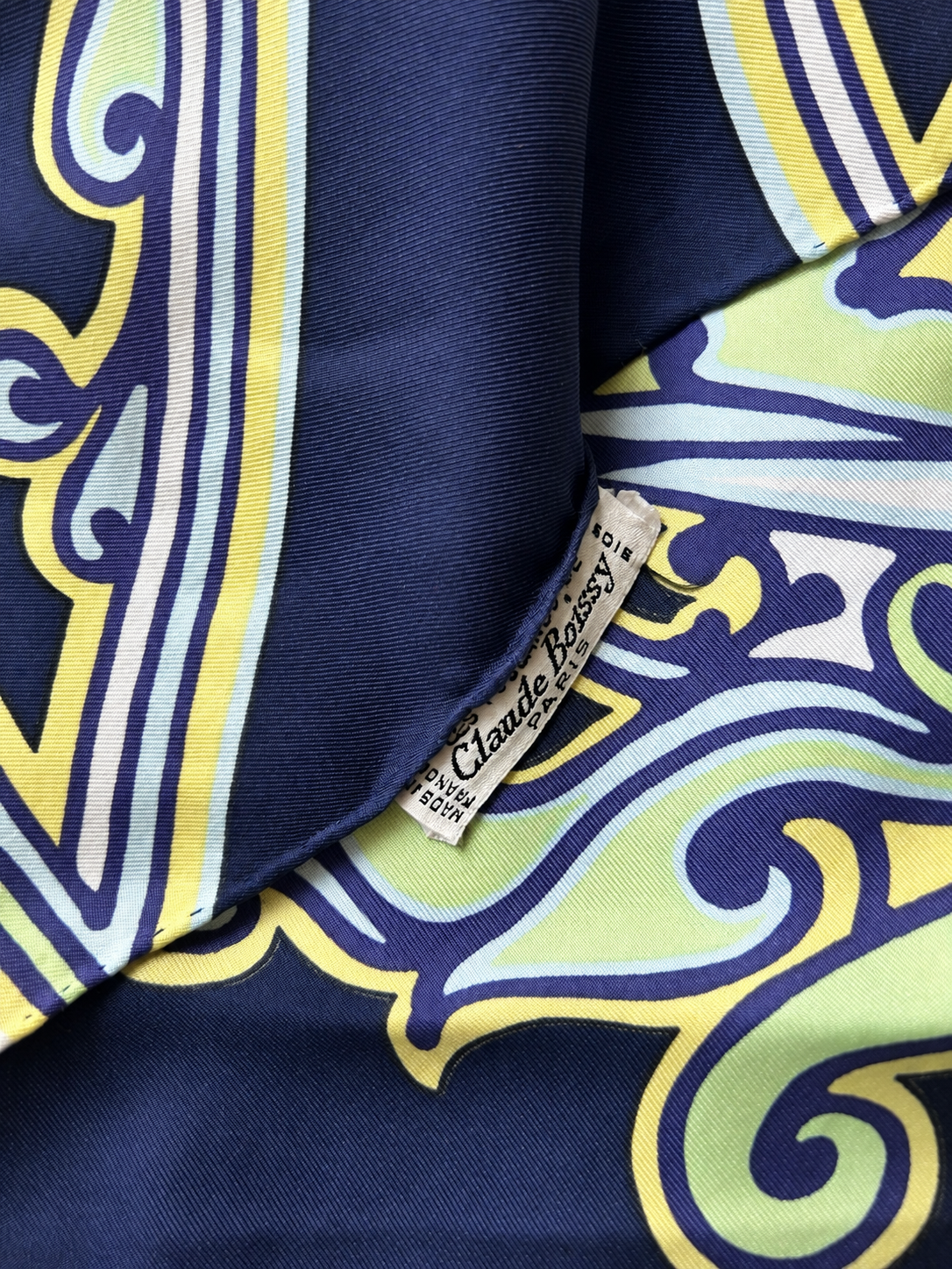 Foulard vintage soie Claude Boissy bleu jaune