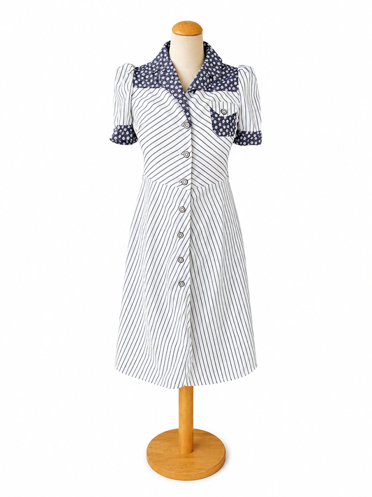 Robe vintage rayée fleurie bleu
