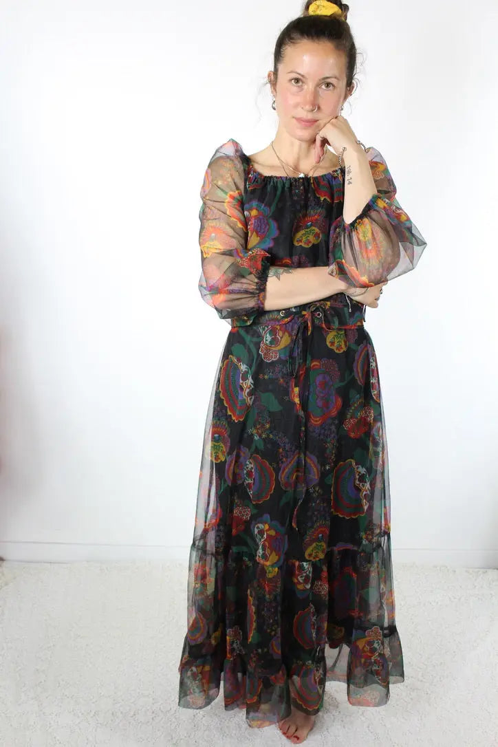 Robe vintage bohème années 80 noire à motifs foulards - la friperie vintage 25