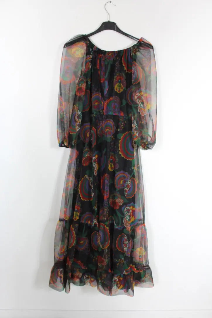 Robe vintage bohème années 80 noire à motifs foulards - la friperie vintage 25