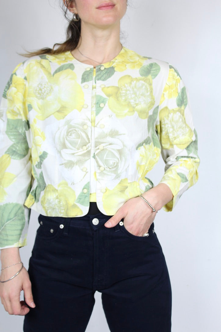 Chemisier vintage Benetton coton motifs fleuris jaune vert la friperie vintage 25