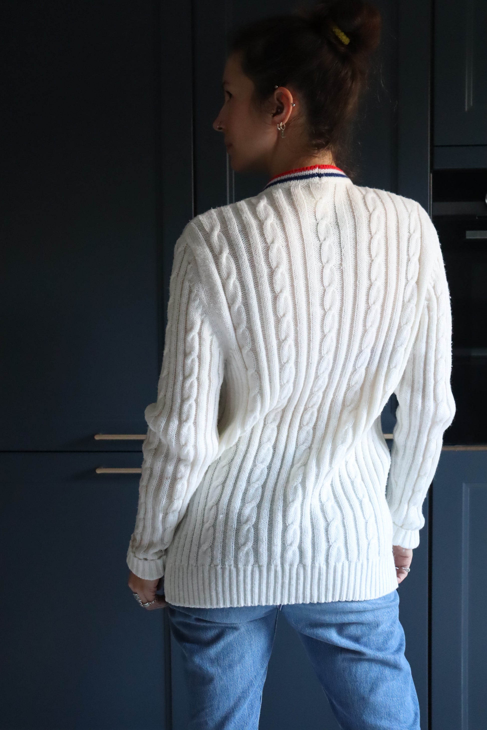 Cardigan vintage blanc rayures rouge bleu la friperie vintage 25
