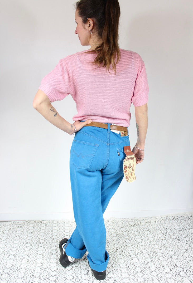 Jean vintage bleu ciel coton taille haute Belgique coupe droite la friperie vintage 25