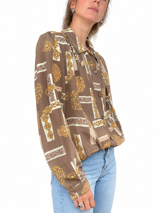 Blouse vintage imprimé baroque marron