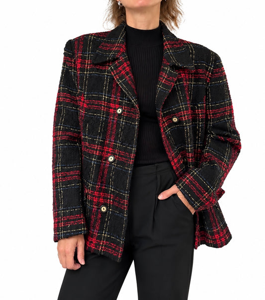Veste vintage à carreaux tweed rouge noir