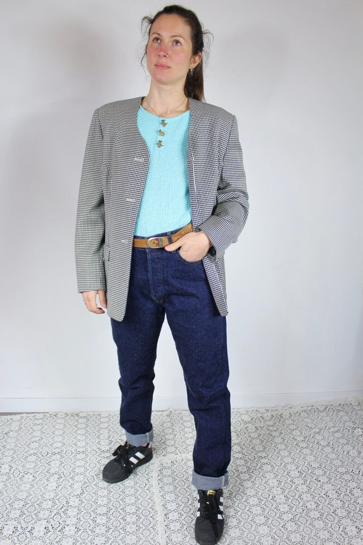 Veste vintage Zapa motifs pieds de poules bleu marine blanc France la friperie vintage 25