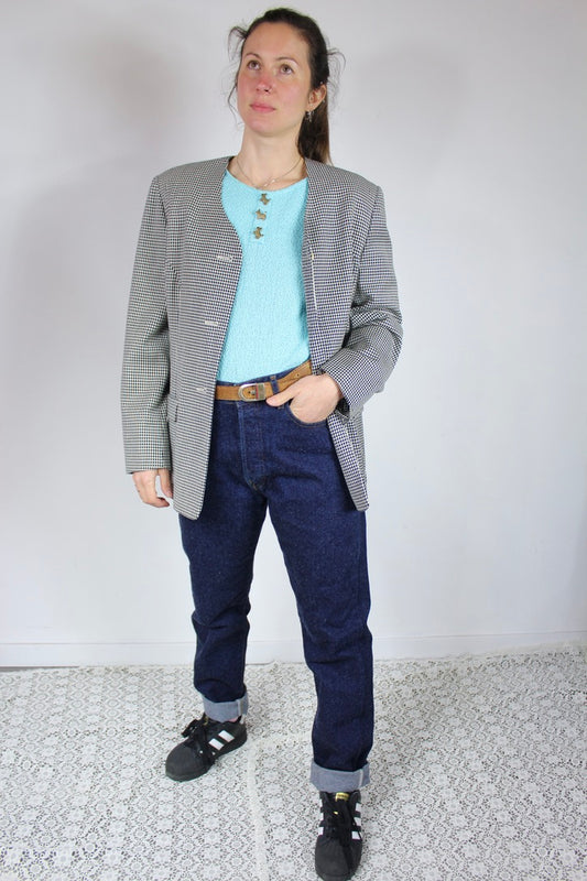 Veste vintage Zapa motifs pieds de poules bleu marine blanc France la friperie vintage 25
