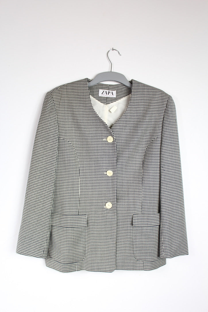 Veste vintage Zapa motifs pieds de poules bleu marine blanc France la friperie vintage 25