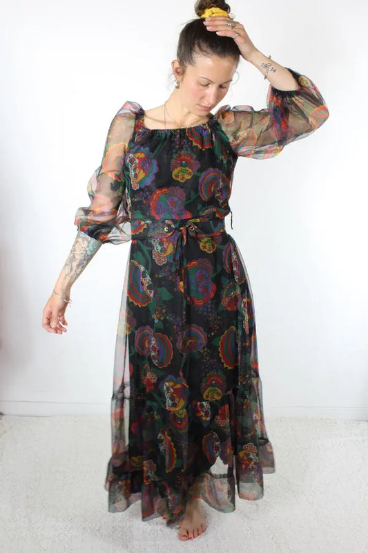 Robe vintage bohème années 80 noire à motifs foulards - la friperie vintage 25