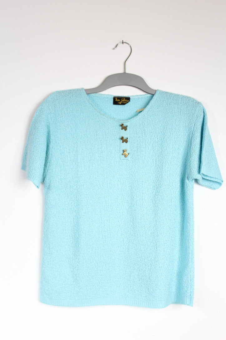 T-shirt vintage maille bleu ciel boutons chien France la friperie vintage 25
