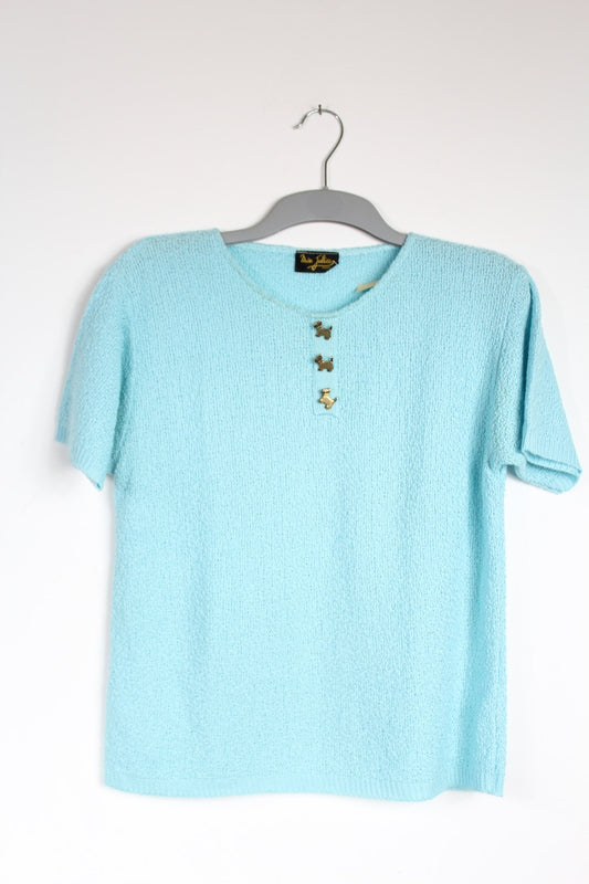 T-shirt vintage maille bleu ciel boutons chien France la friperie vintage 25