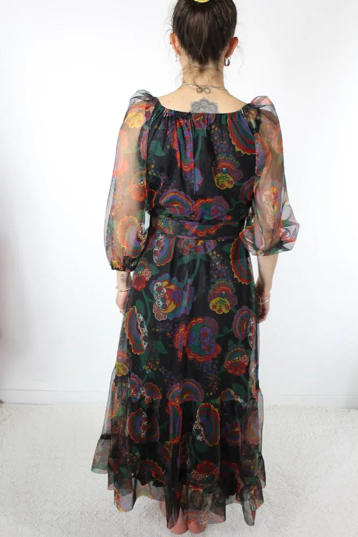 Robe vintage bohème années 80 noire à motifs foulards - la friperie vintage 25