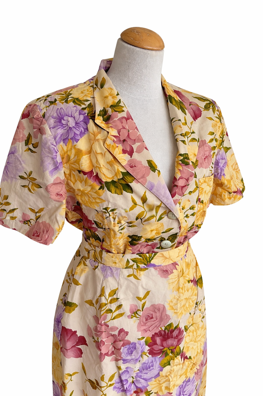 Tailleur vintage Gérard Darel – Ensemble jupe & chemisier fleuri pastel 100% coton – Taille 44