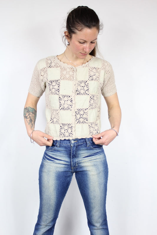 T-shirt vintage écru crochet manches courtes années 70 la friperie vintage 25