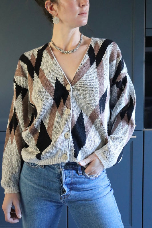 Cardigan vintage motifs géométriques marron la friperie vintage 25