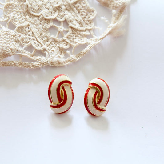 Boucles d'oreille clips vintage années 80 émaillé rouge et blanche