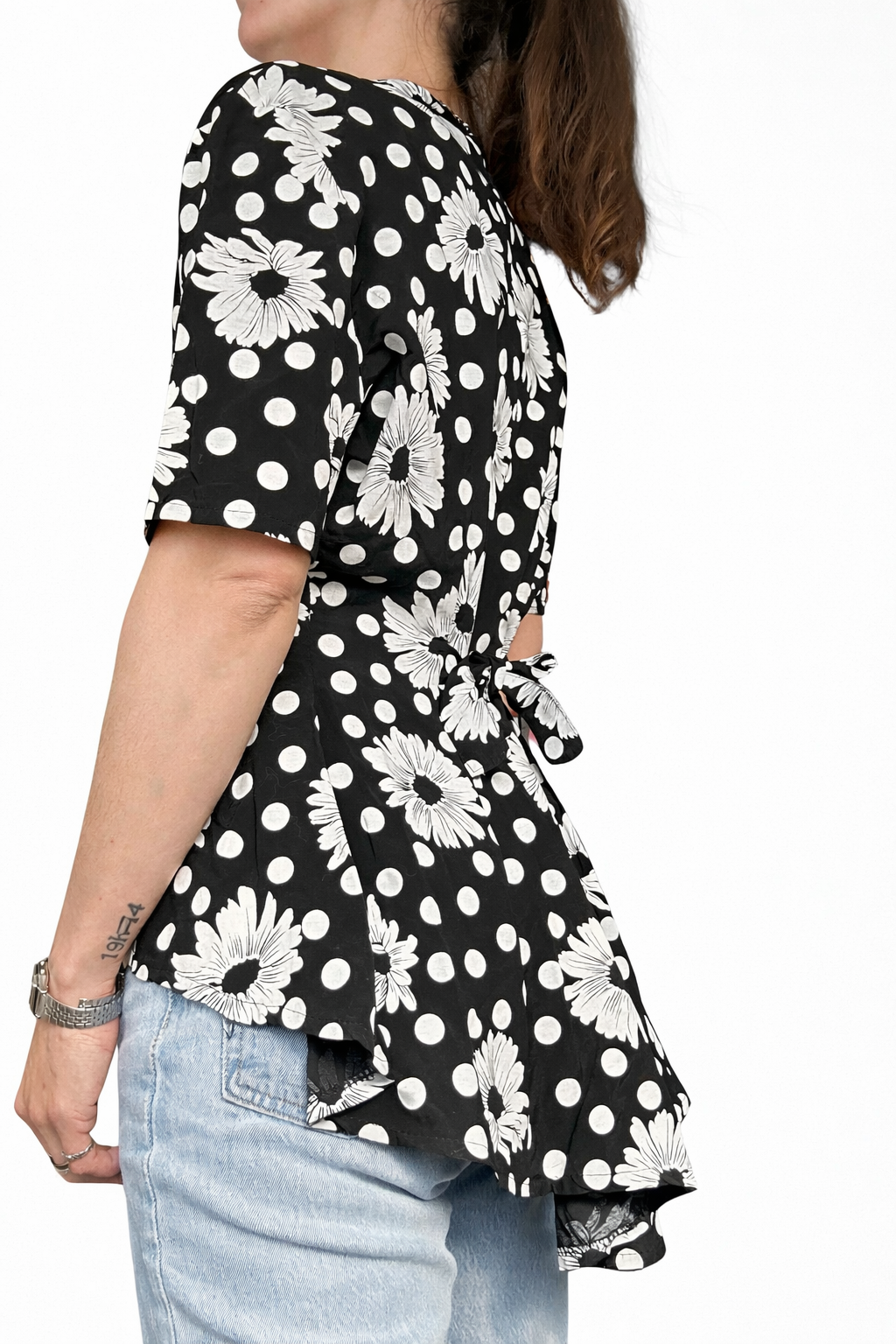 Blouse vintage pour symétrique noire à pois blanc