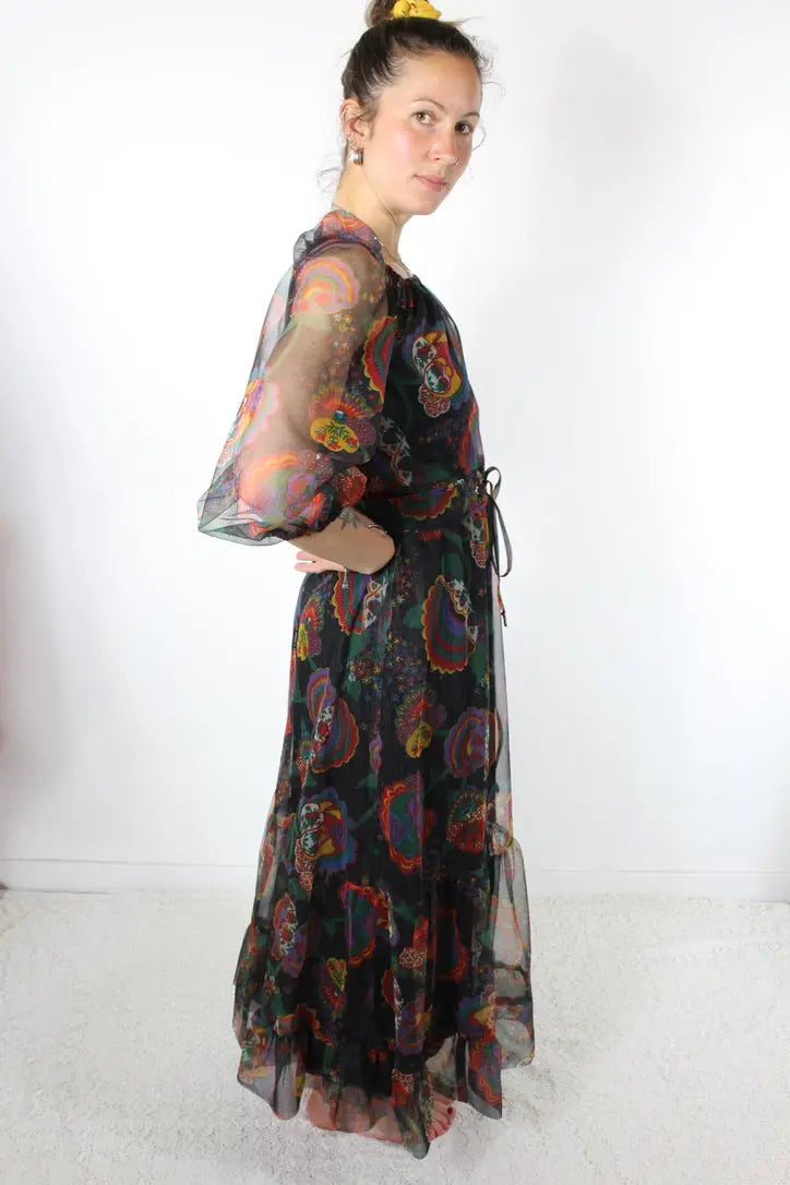 Robe vintage bohème années 80 noire à motifs foulards - la friperie vintage 25
