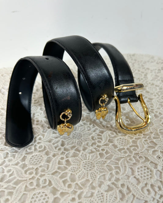 Ceinture en cuir noir et breloques éléphants métal doré Italie