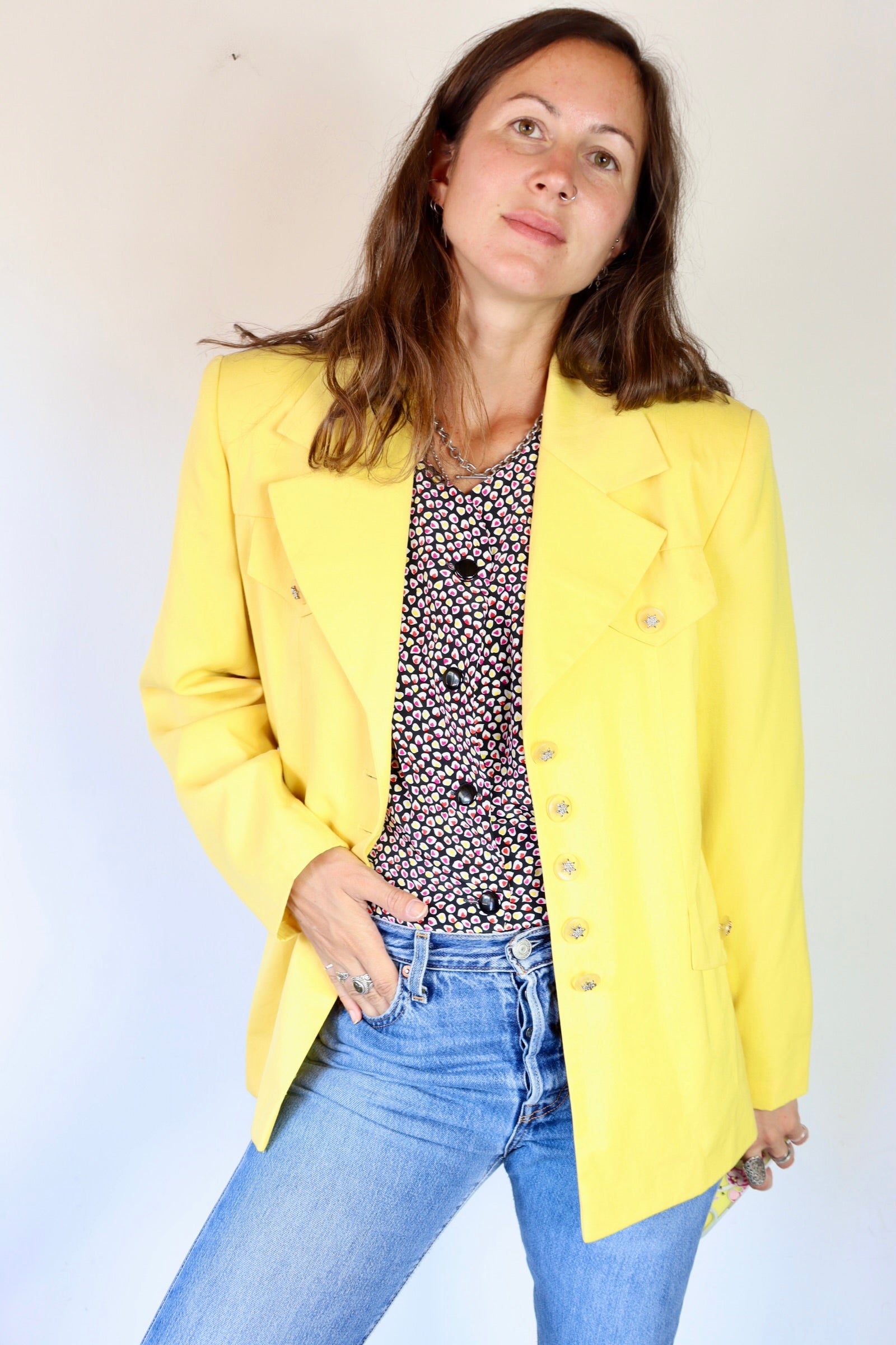 Veste blazer vintage jaune mi long la friperie vintage 25