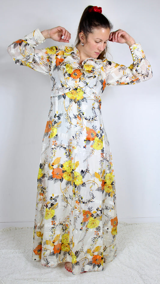 Robe longue vintage bohème été années 70 blanche fleuris orange