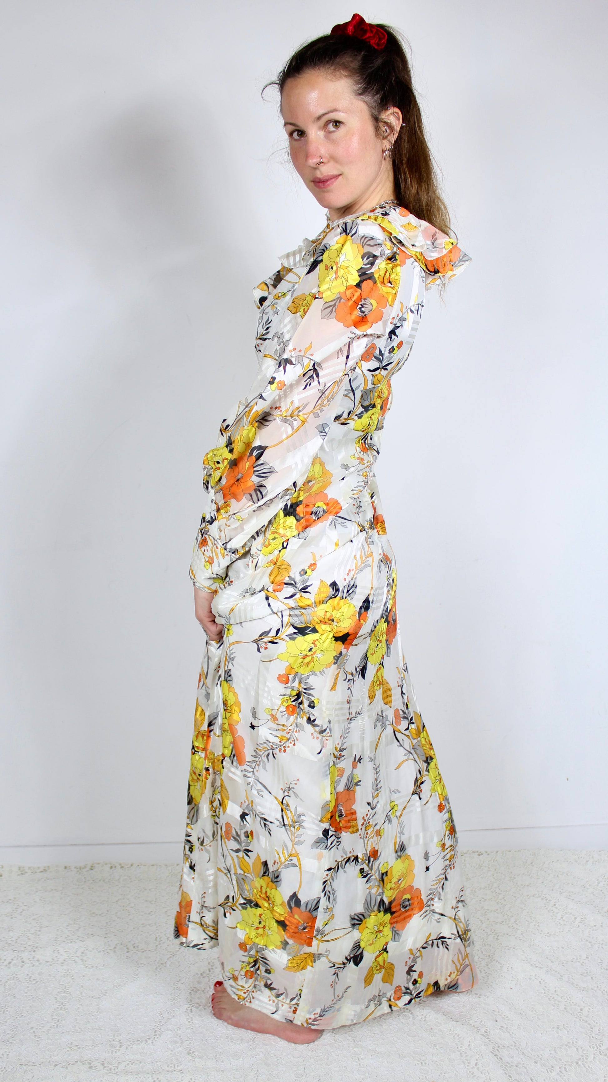 Robe longue vintage bohème été années 70 blanche fleuris orange la friperie vintage 25