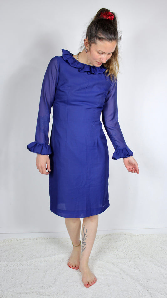 Robe vintage bleu roi manches transparentes à colerette la friperie vintage 25